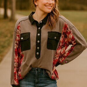 POL Mineral washed French Terry & Gauze Gray and Red Patchwork Sweatshirt Large